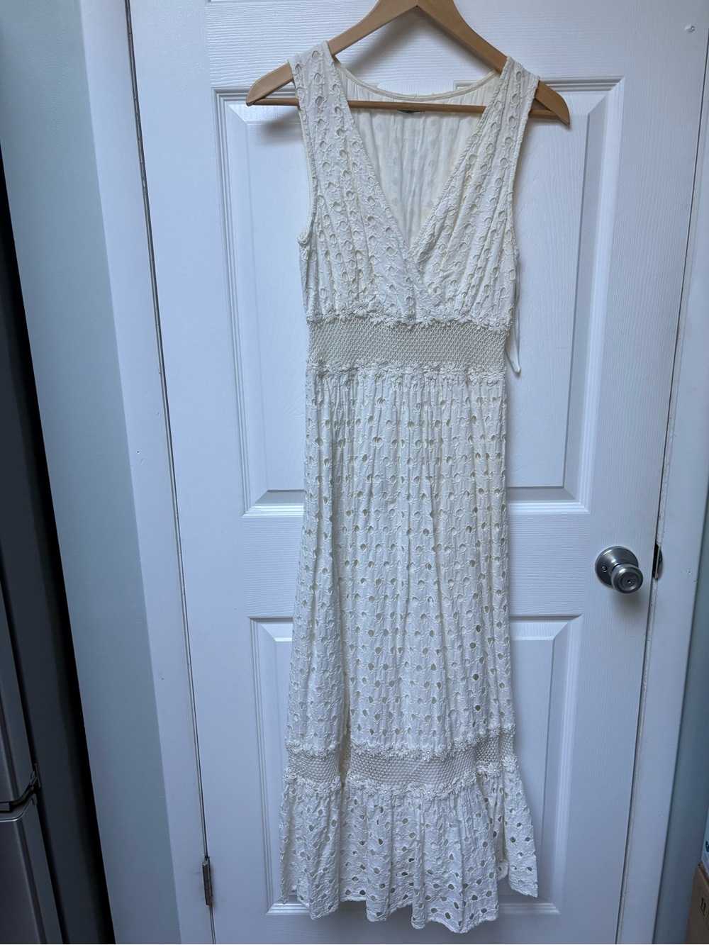 Anthropologie Cream Eyelet V-Neck Maxi Dress